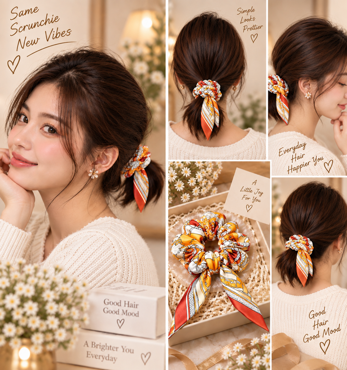 Small Orange Red Printed Hair Scrunchie