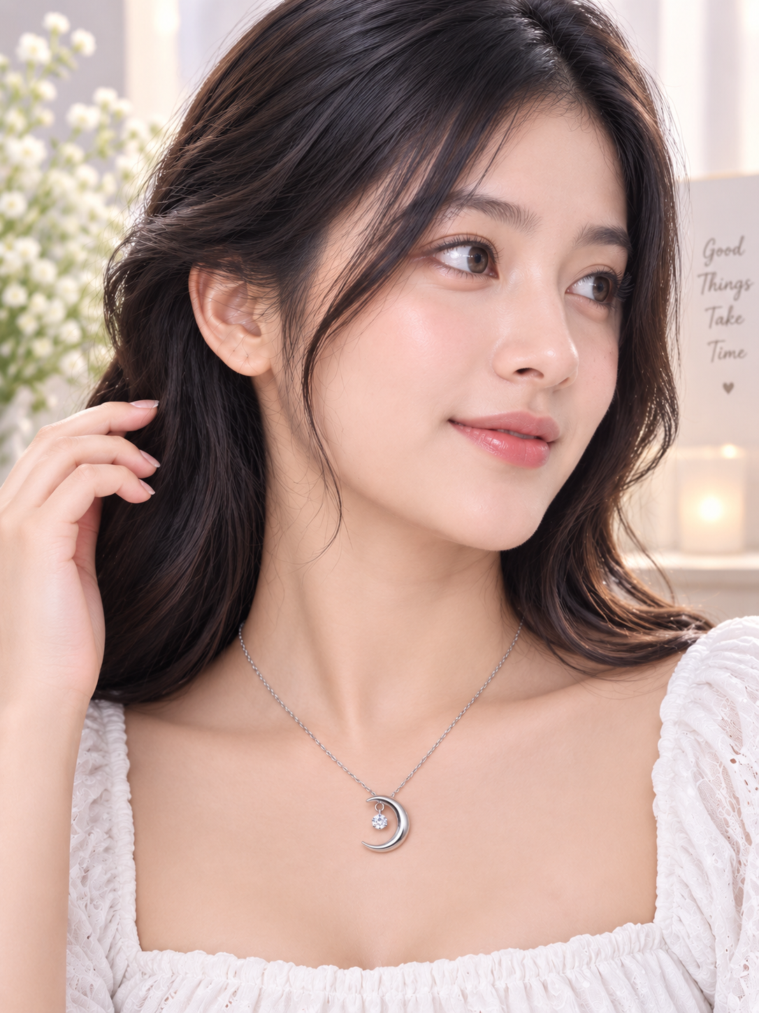 Elegant Silver Short Necklace with Crescent Moon & Crystal Pendant