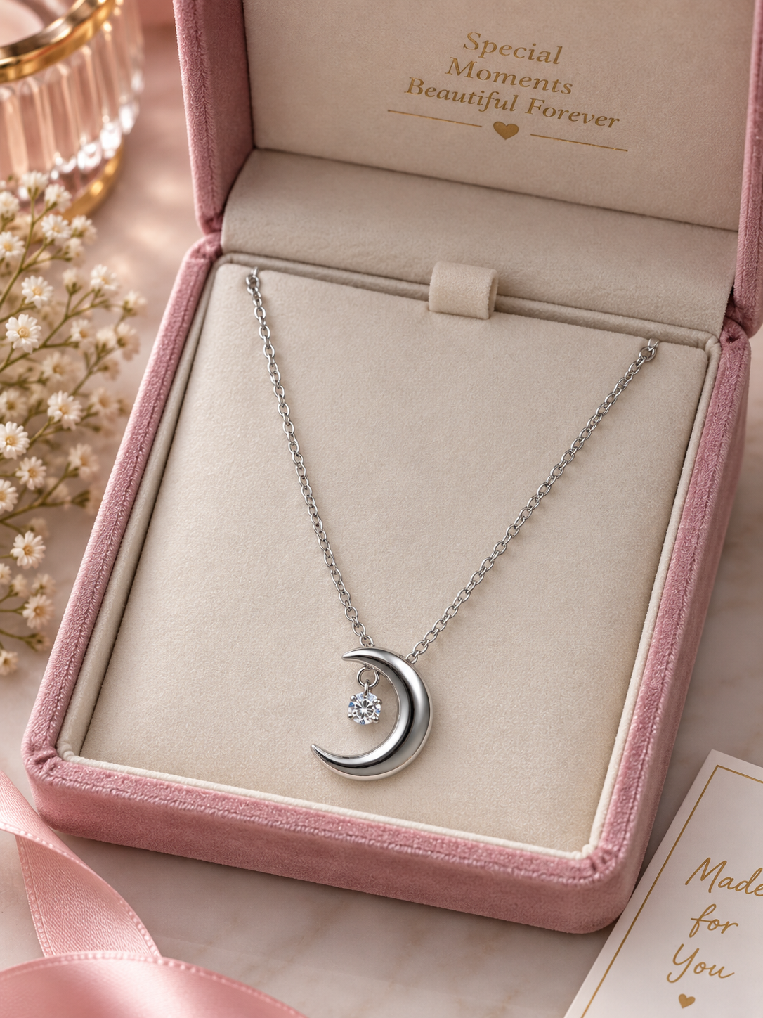 Elegant Silver Short Necklace with Crescent Moon & Crystal Pendant