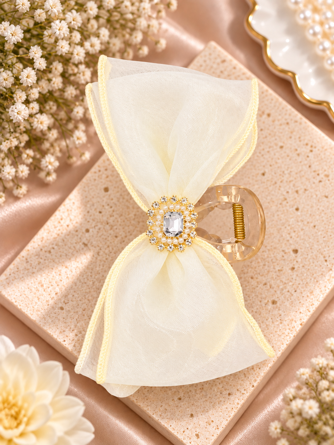 Ivory Pearl Crystal Bow Hair Clutcher