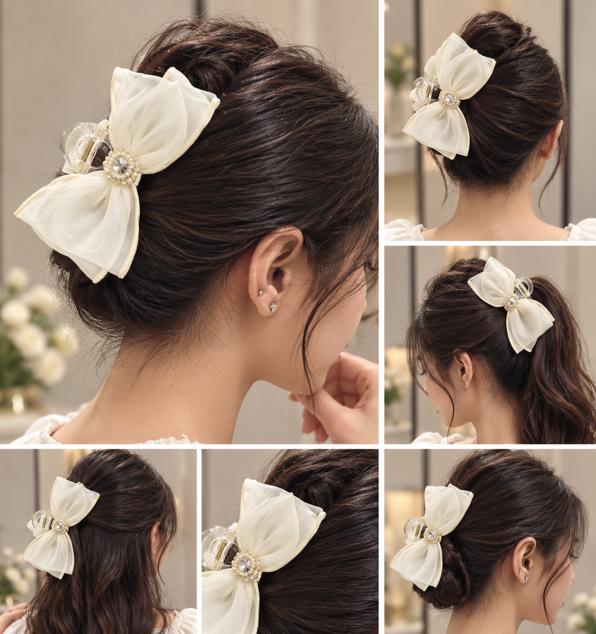 Ivory Pearl Crystal Bow Hair Clutcher
