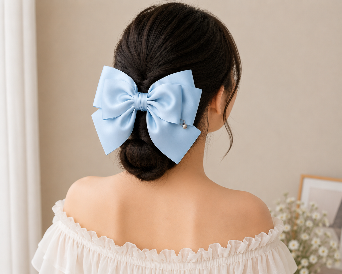 Sky Blue Satin Bow Hair Clip with Pearl Charm for Women & Girls
