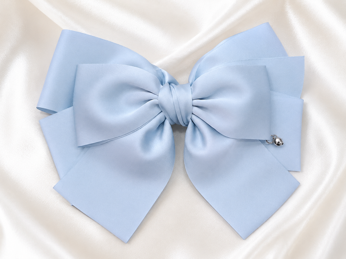 Sky Blue Satin Bow Hair Clip with Pearl Charm for Women & Girls