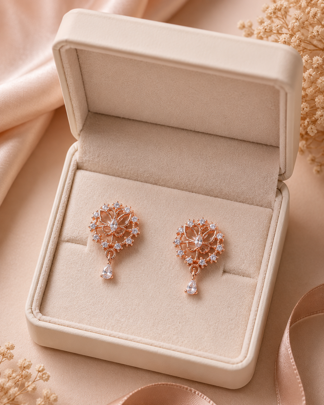 Rose Gold Butterfly Crystal Drop Earrings for Women