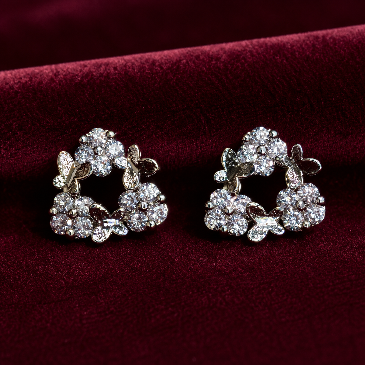 Silver Butterfly Crystal Stud Earrings for Women