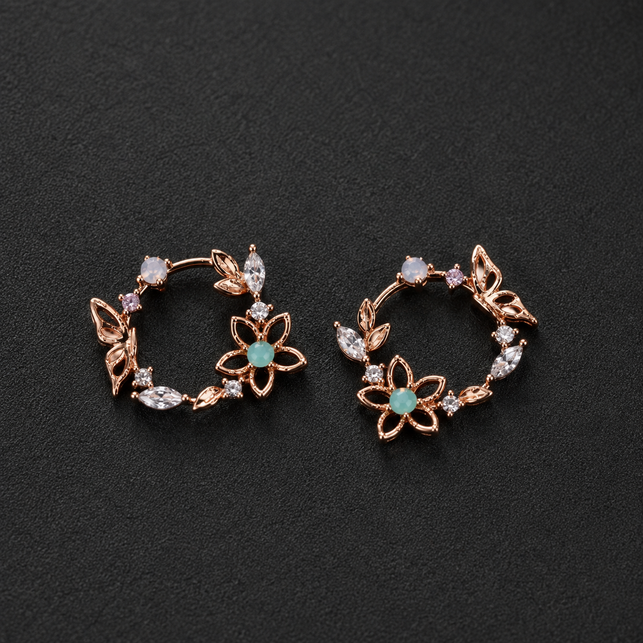 Rose Gold Floral Hoop Earrings with Turquoise & Crystal Details
