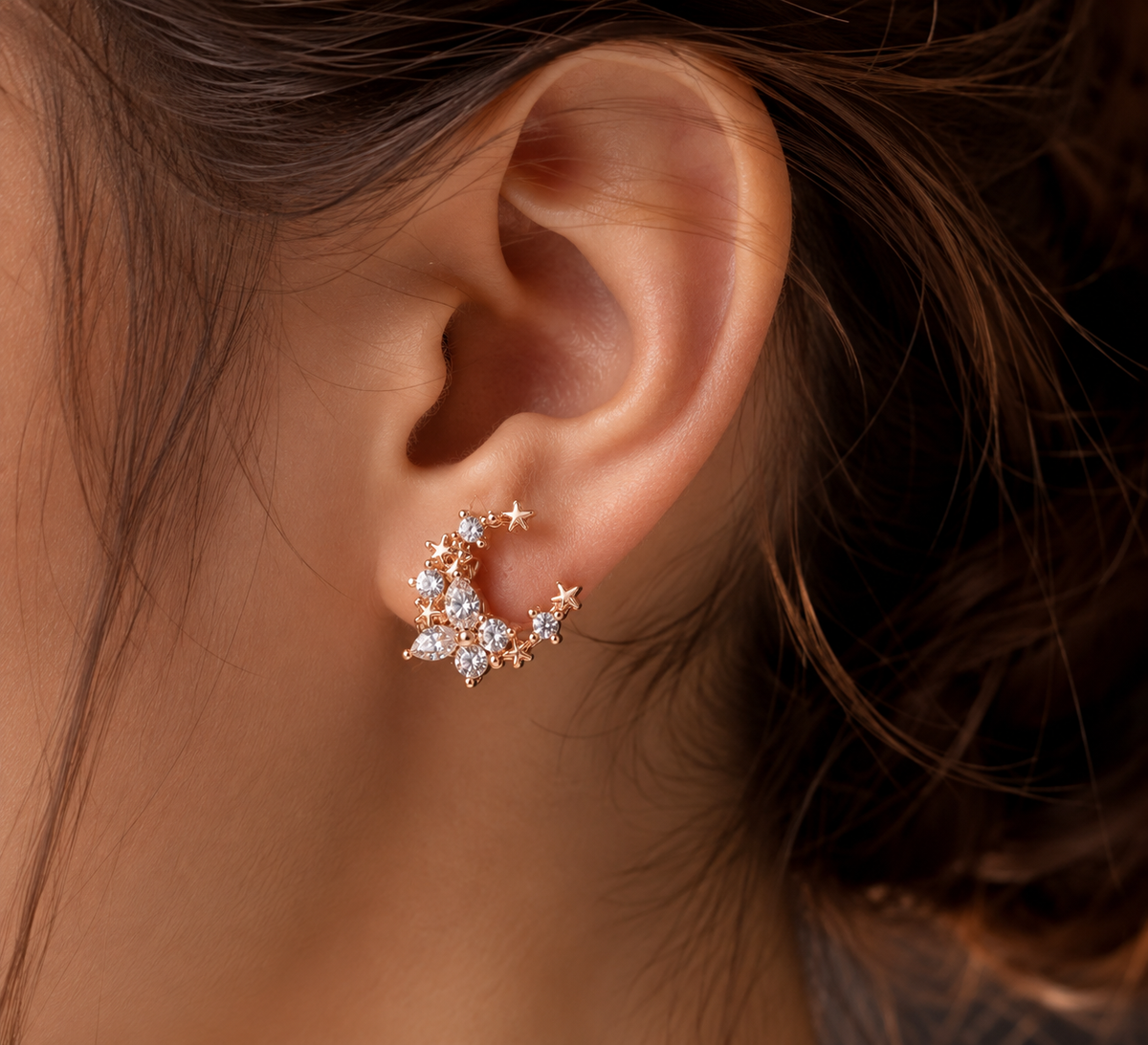 Rose Gold Crystal Star & Floral Stud Earrings for Women