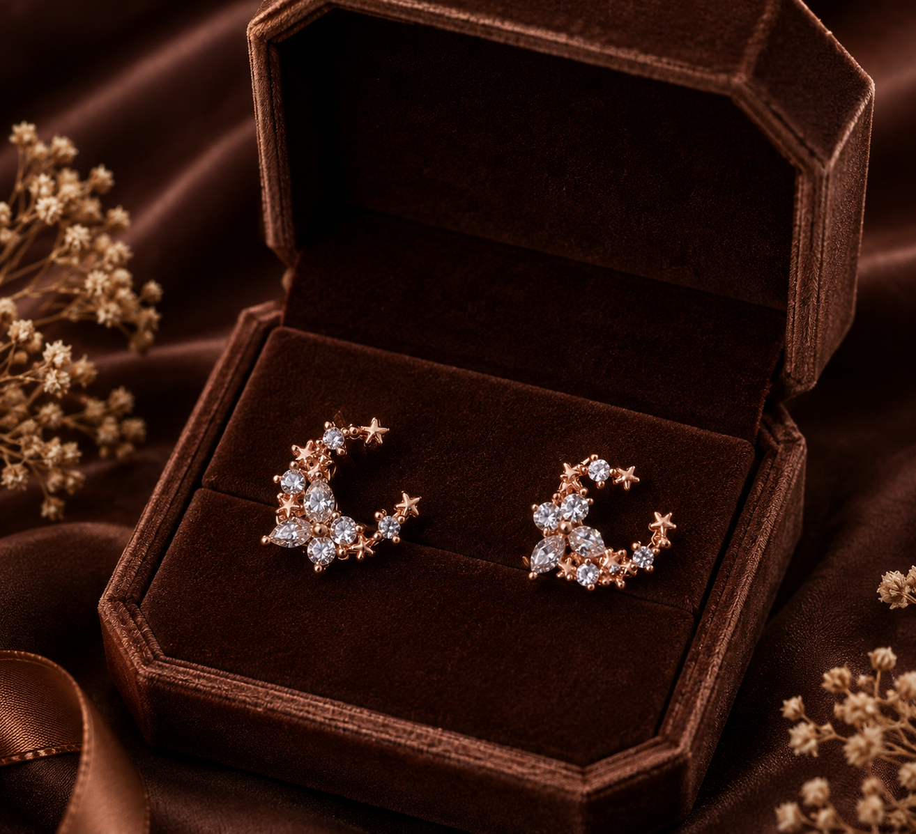 Rose Gold Crystal Star & Floral Stud Earrings for Women