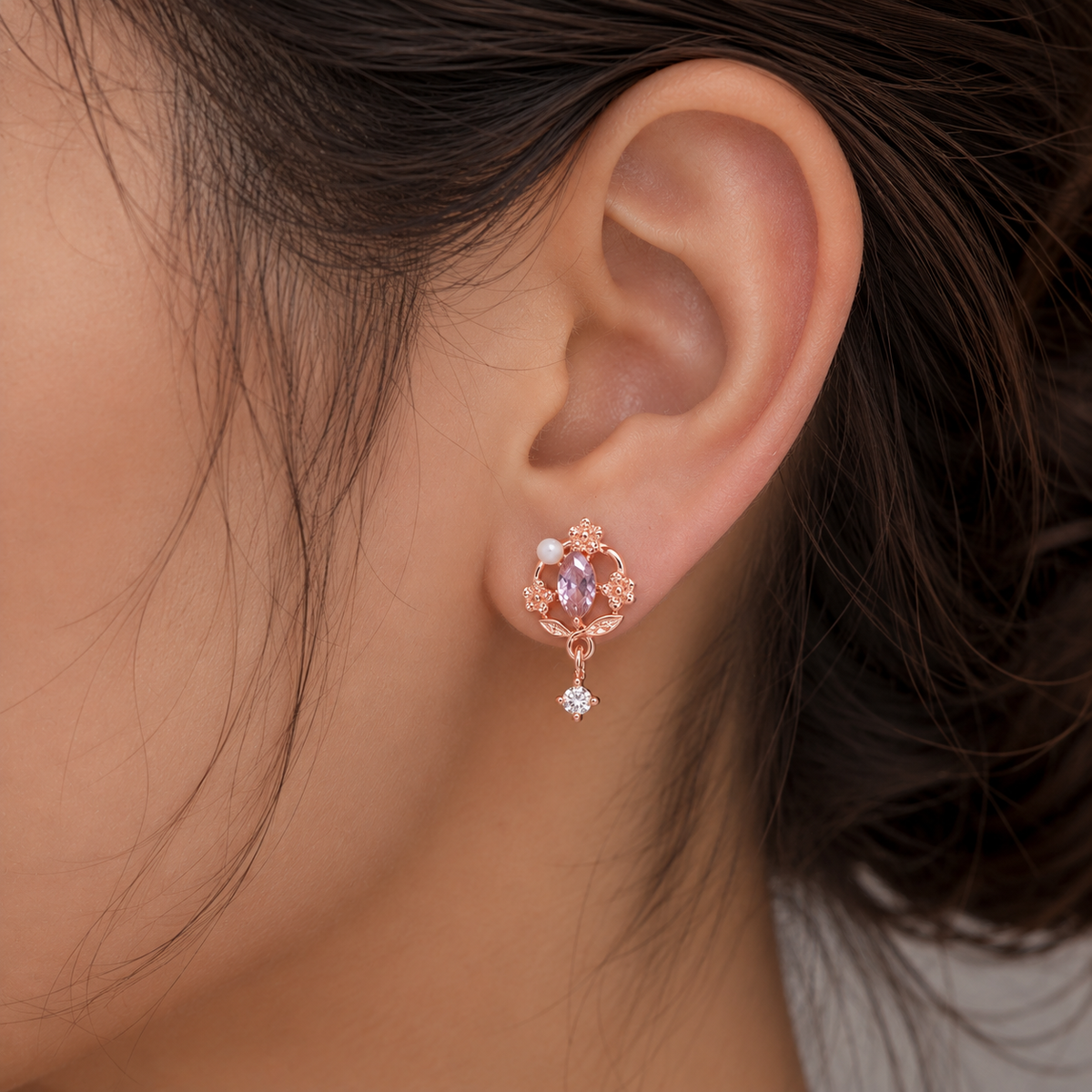 Rose Gold Floral Pink Crystal Stud Earrings for Women