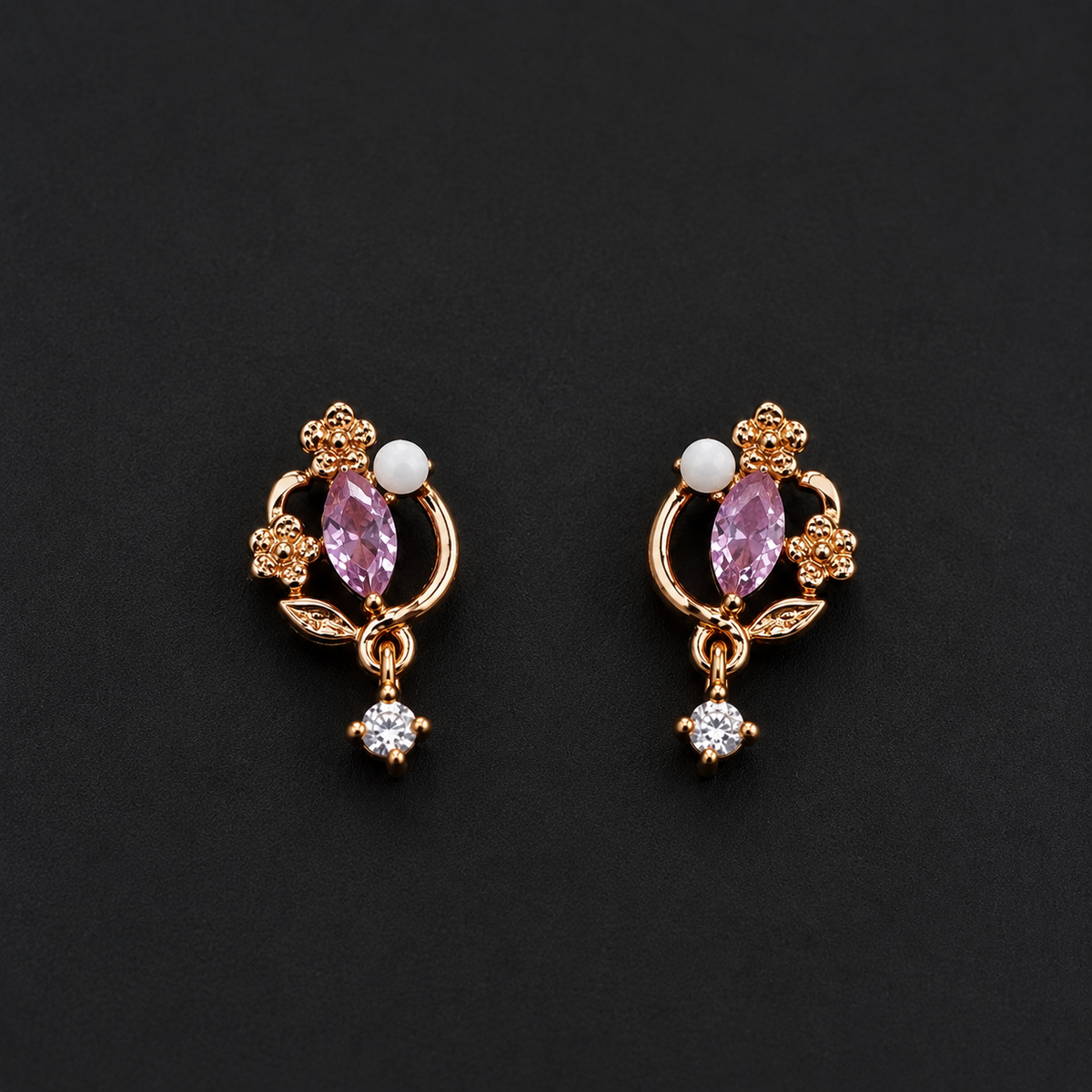 Rose Gold Floral Pink Crystal Stud Earrings for Women