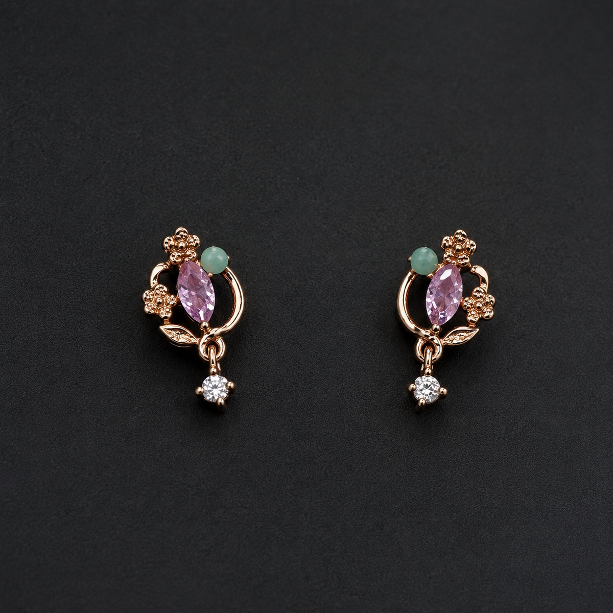 Rose Gold Floral Pink & Green Stone Stud Earrings for Women