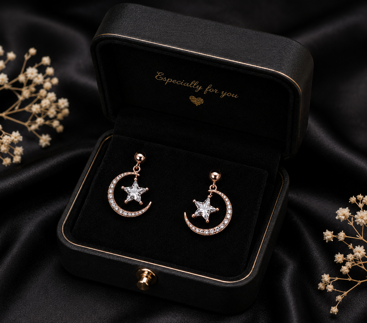 Rose Gold Crescent Moon & Star Crystal Drop Earrings for Women