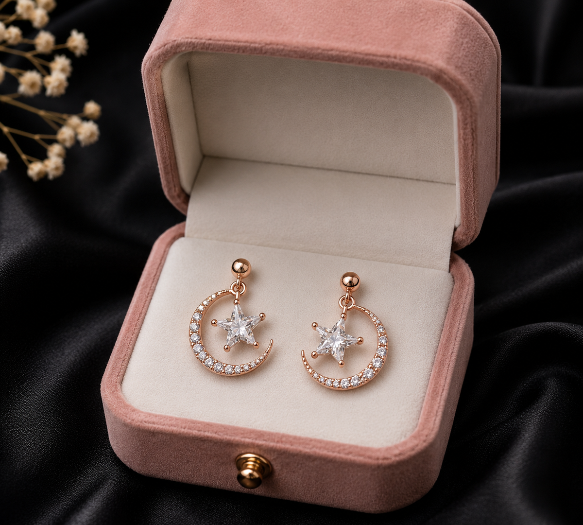 Rose Gold Crescent Moon & Star Crystal Drop Earrings for Women