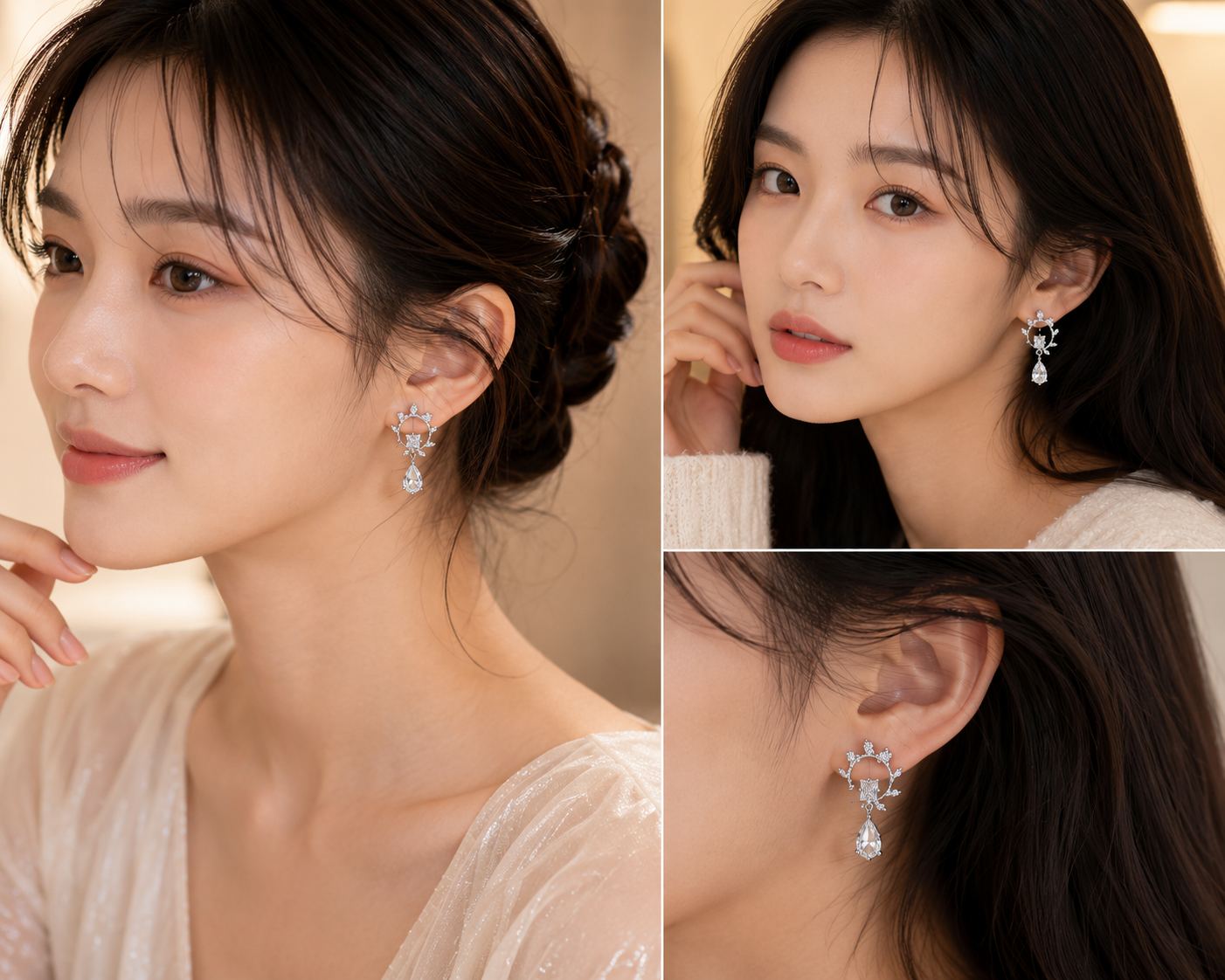 Silver Crystal Floral Drop Earrings for Women