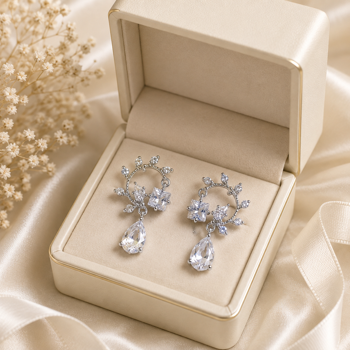 Silver Crystal Floral Drop Earrings for Women