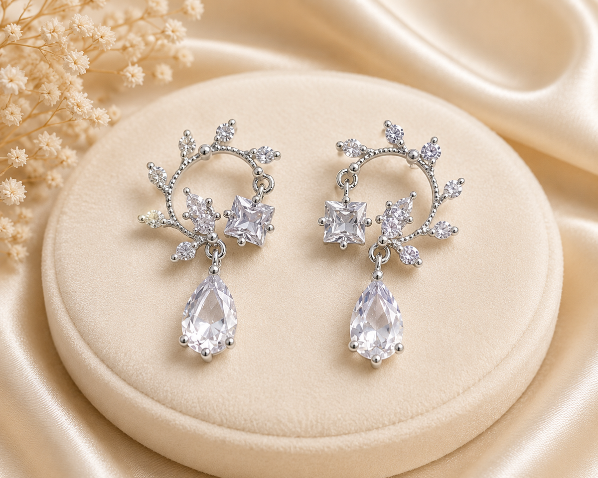 Silver Crystal Floral Drop Earrings for Women