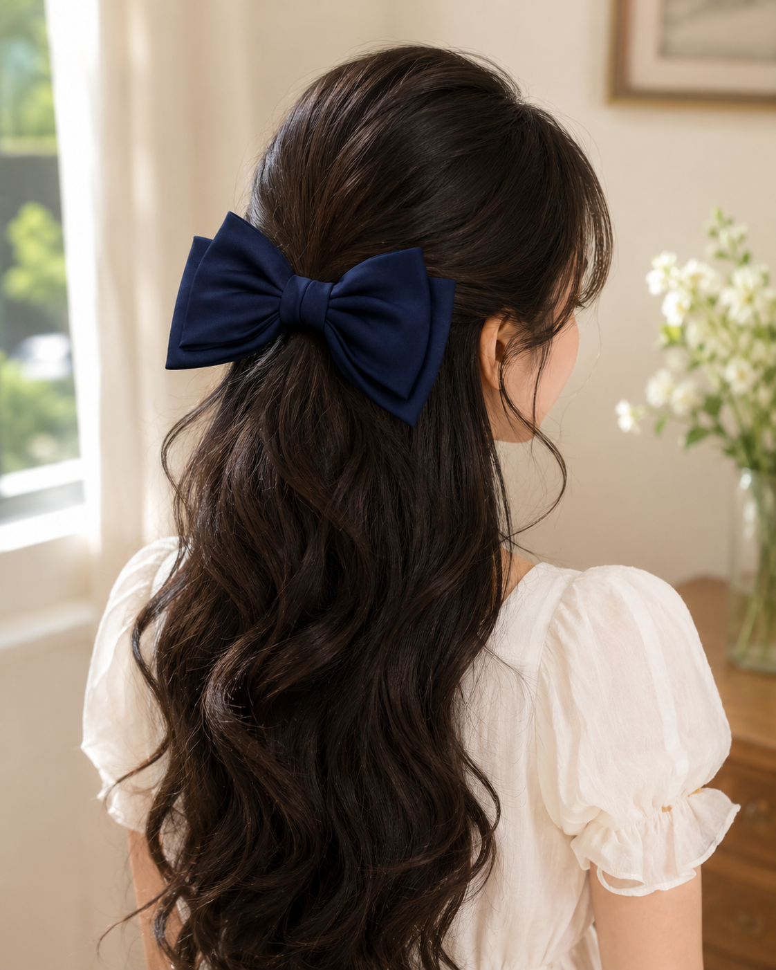 Navy Blue Satin Bow Hair Clip for Women & Girls