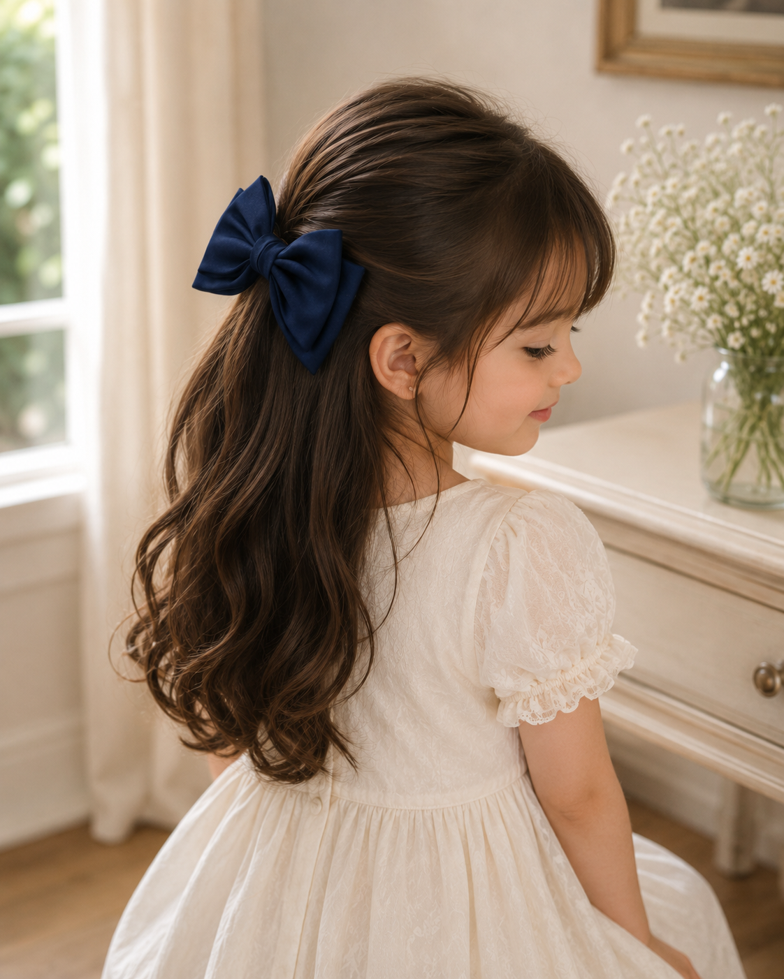 Navy Blue Satin Bow Hair Clip for Women & Girls