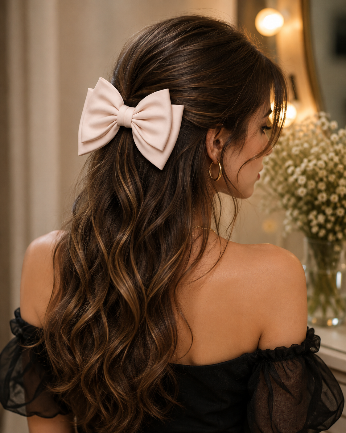 Cream Satin Bow Hair Clip for Women & Girls