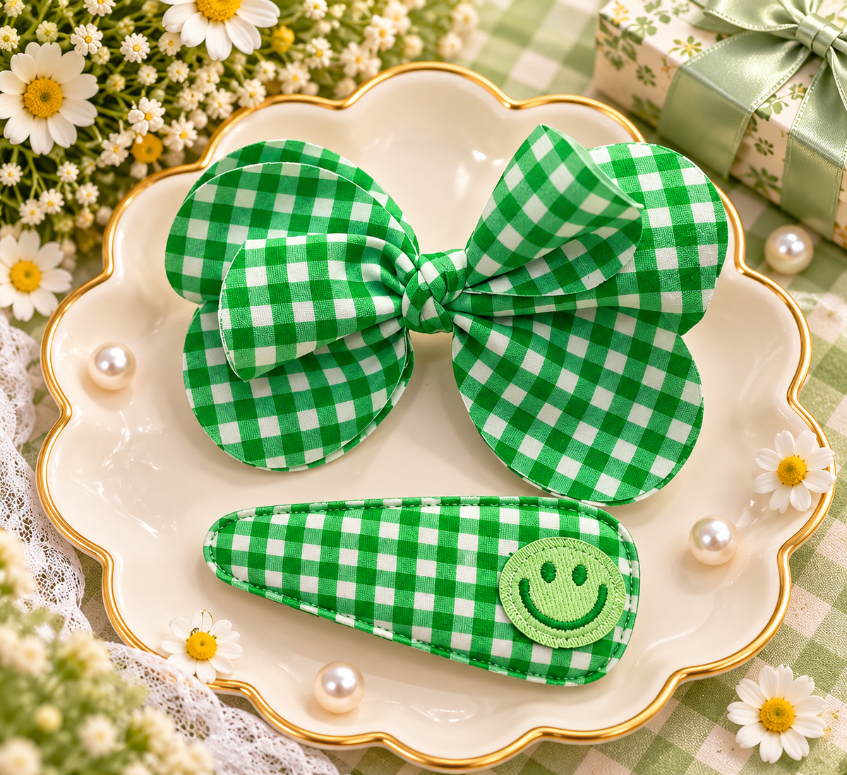 Green Checkered Bow Hair Pin Set