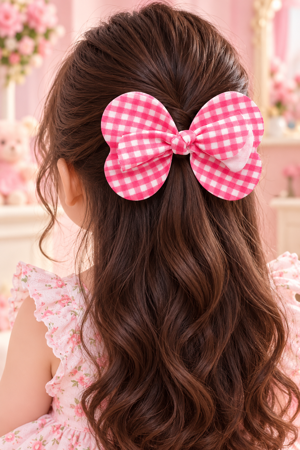 Pink Checkered Bow Hair Pin Set