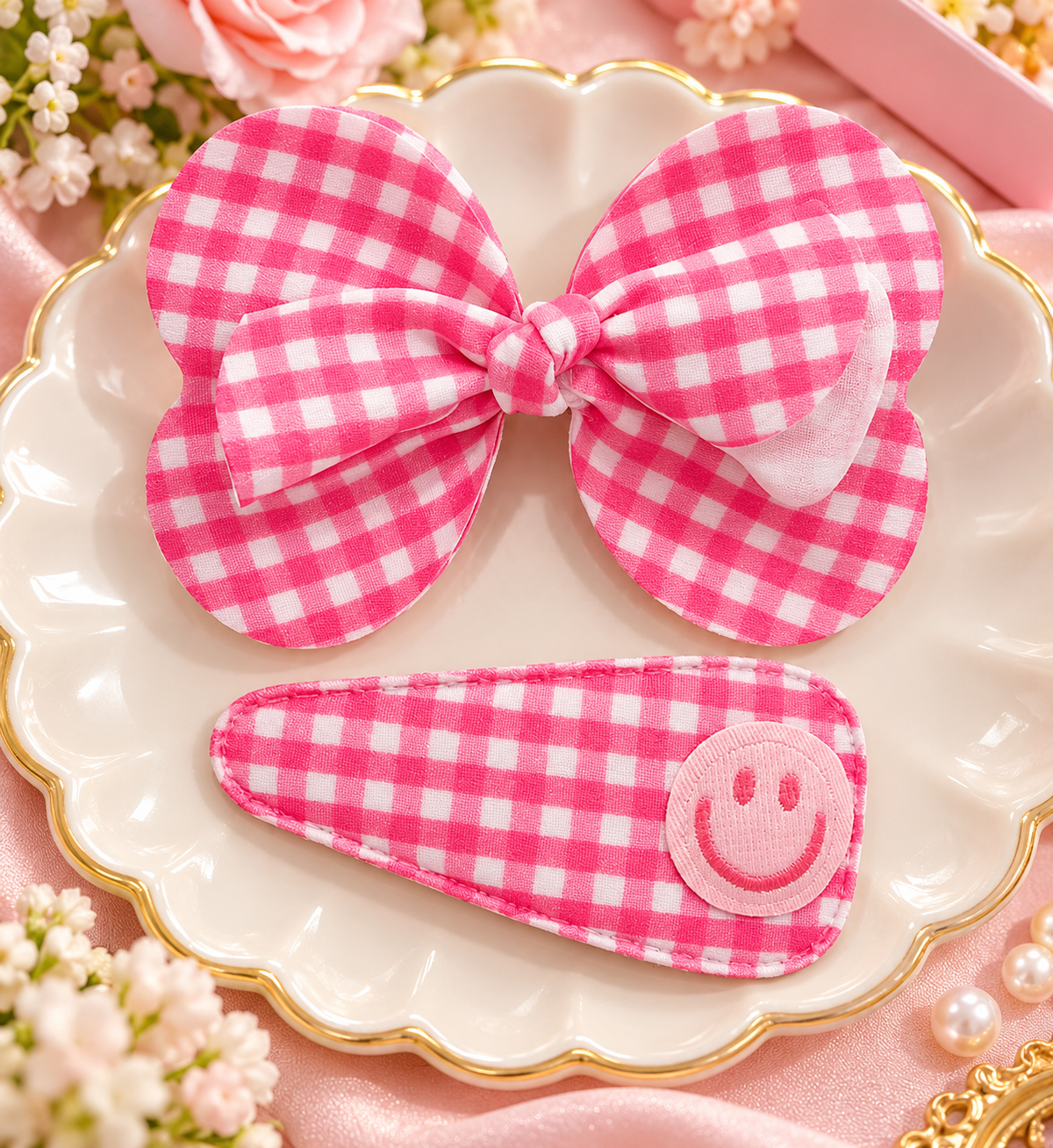 Pink Checkered Bow Hair Pin Set