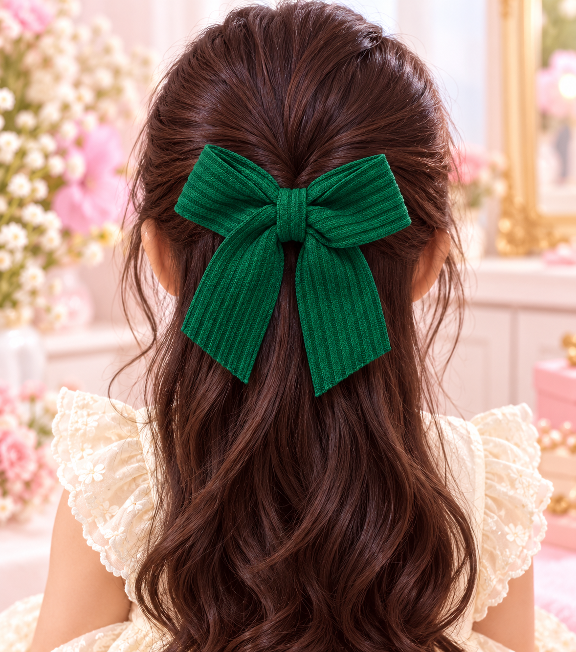 Dark Green Ribbed Bow Hair Pin