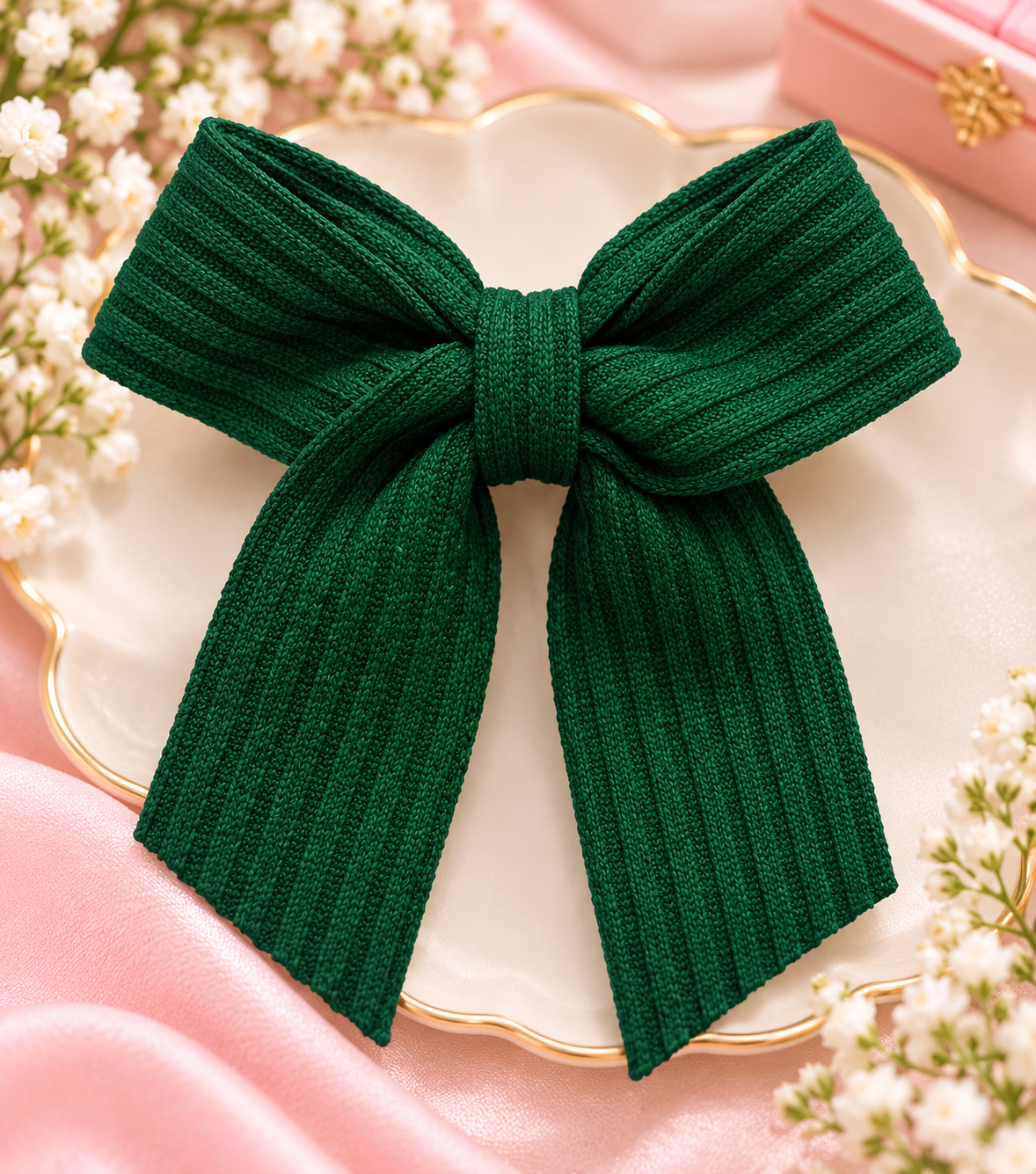 Dark Green Ribbed Bow Hair Pin