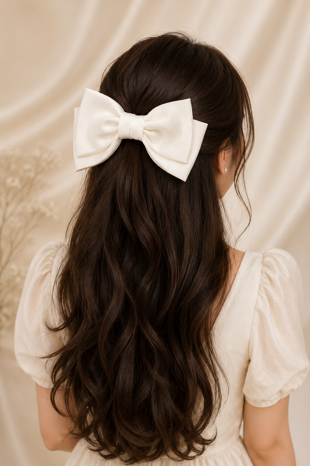 White Satin Layered Bow Hair Clip for Women & Girls