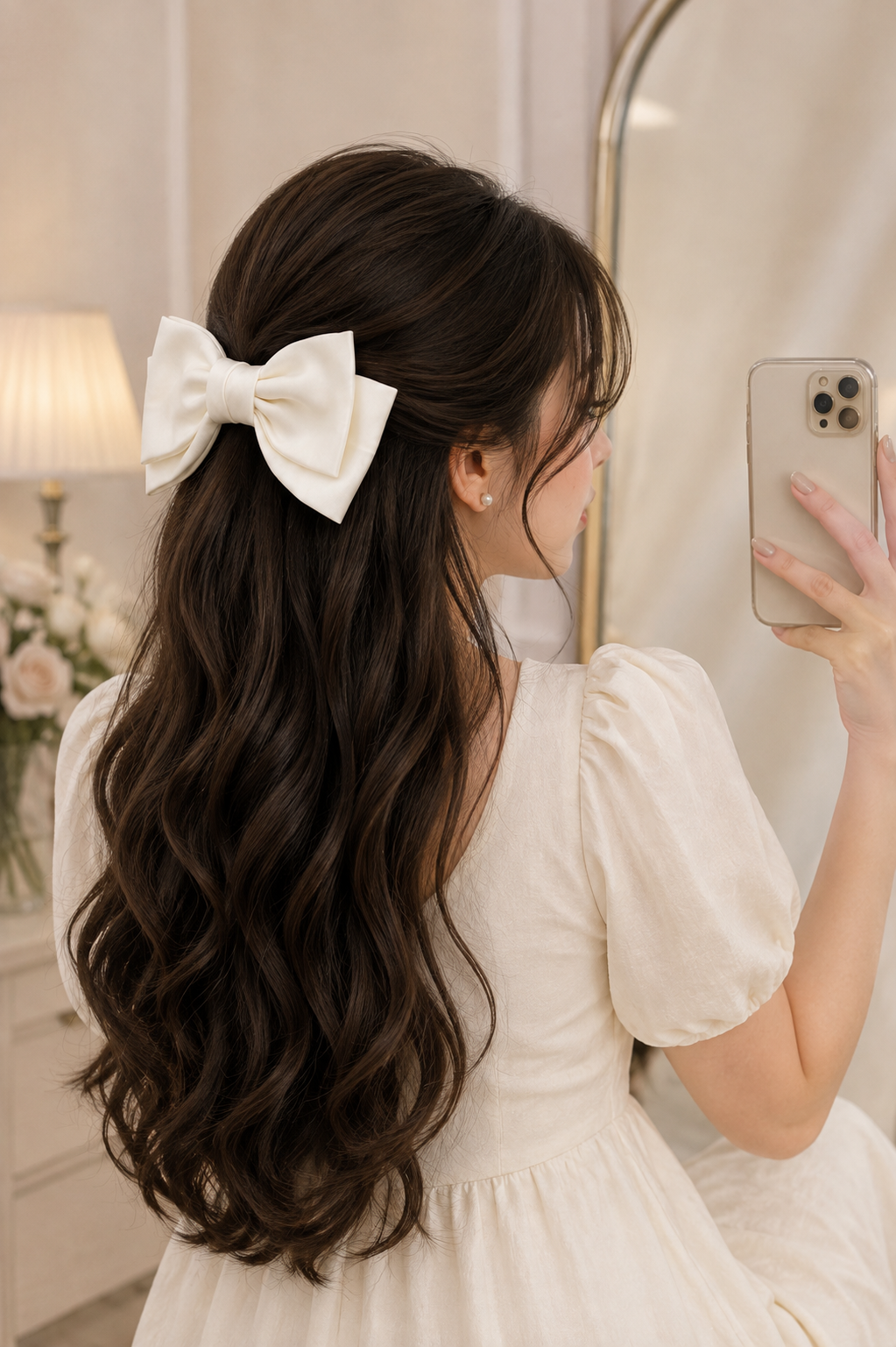 White Satin Layered Bow Hair Clip for Women & Girls