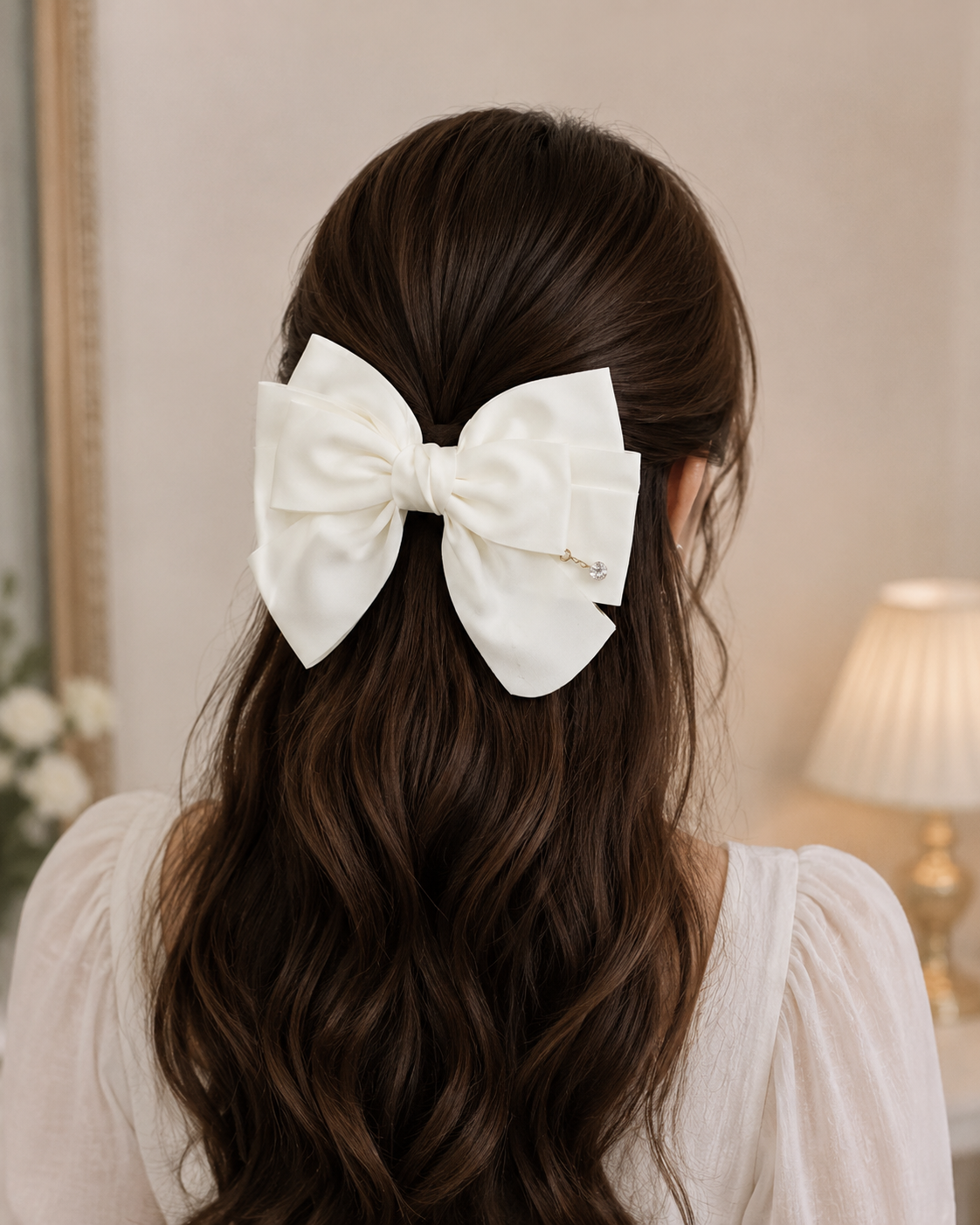 White Satin Layered Bow Hair Clip with Crystal Charm for Women & Girls