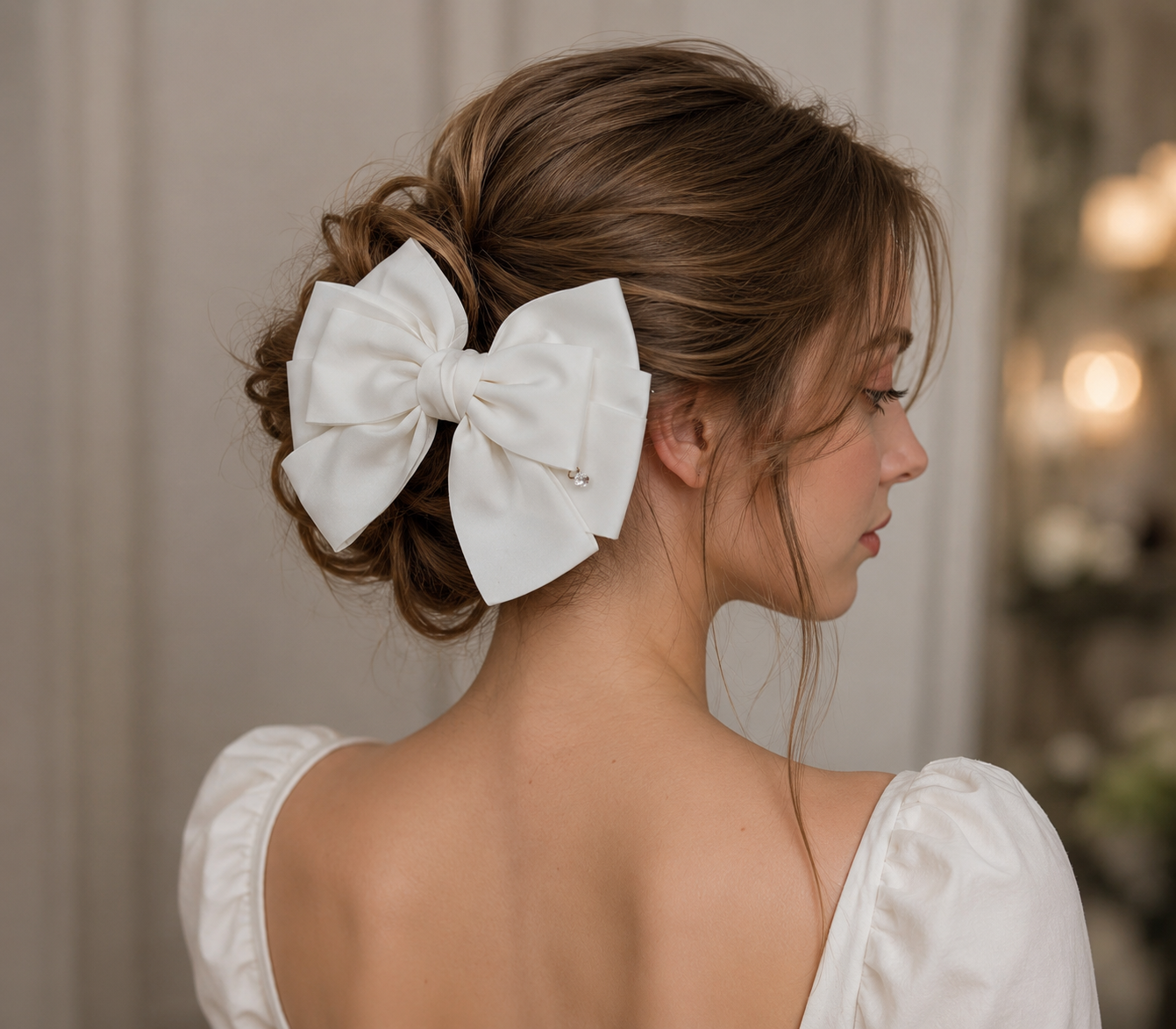 White Satin Layered Bow Hair Clip with Crystal Charm for Women & Girls
