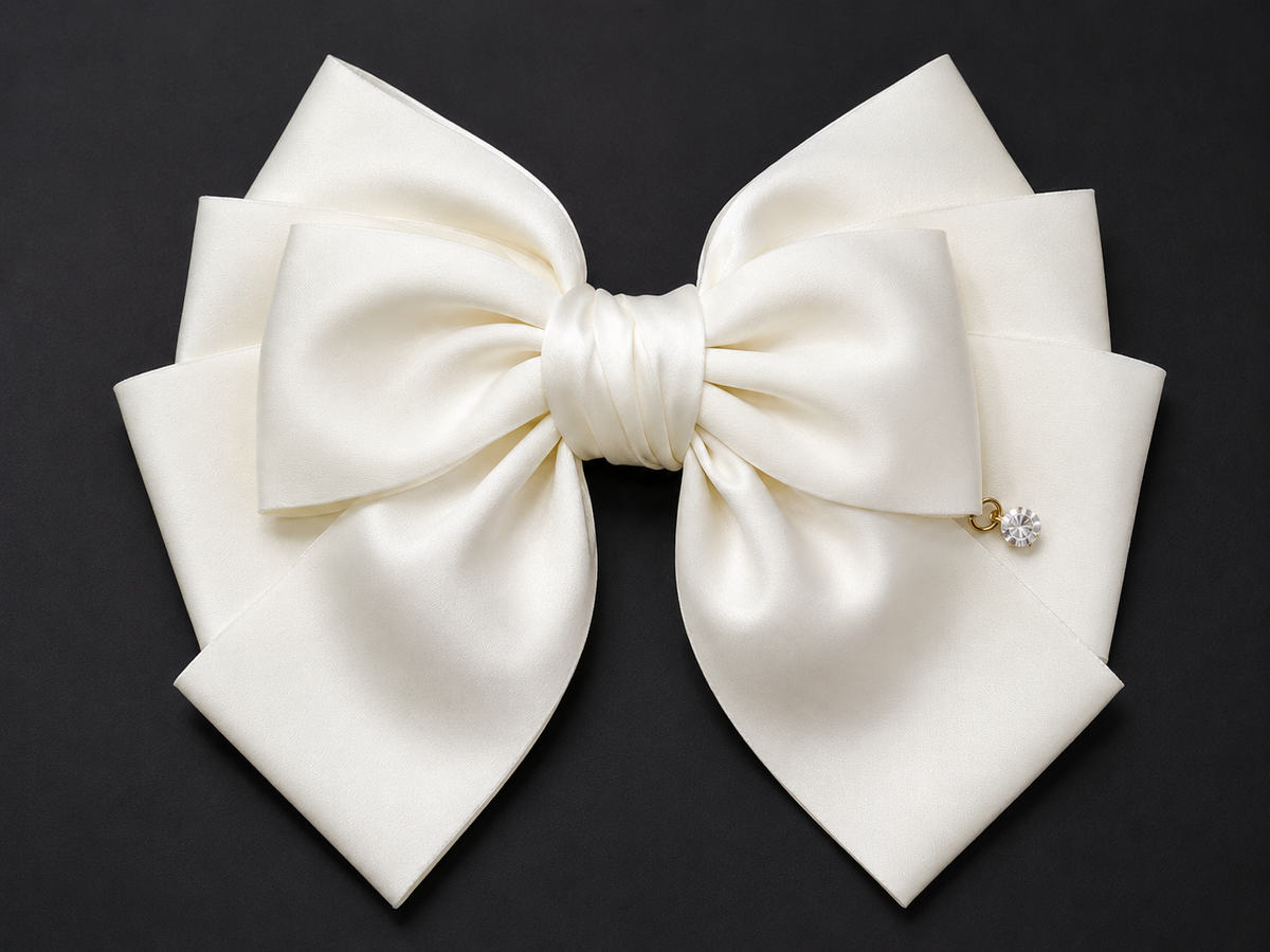 White Satin Layered Bow Hair Clip with Crystal Charm for Women & Girls