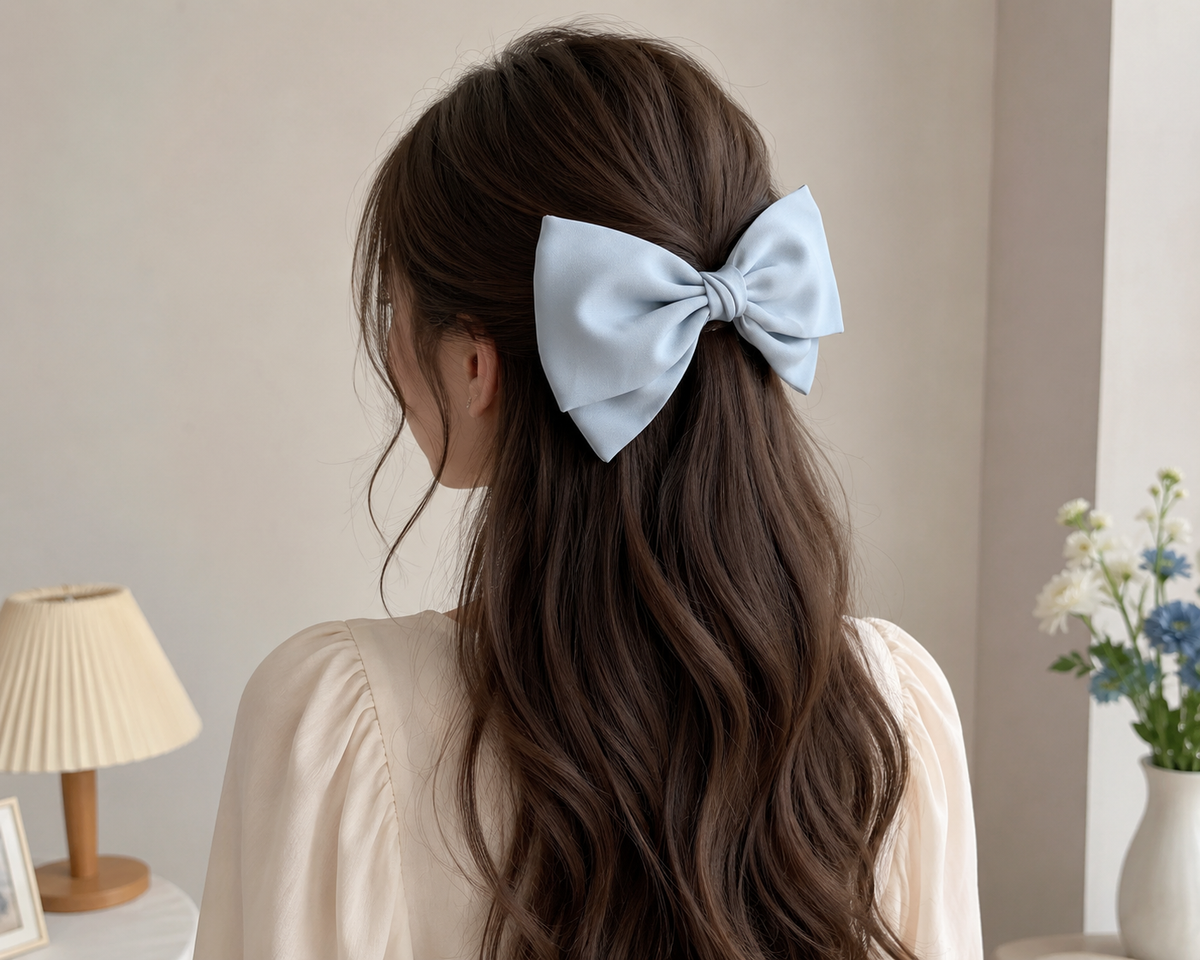 Sky Blue Satin Bow Hair Clip for Women & Girls