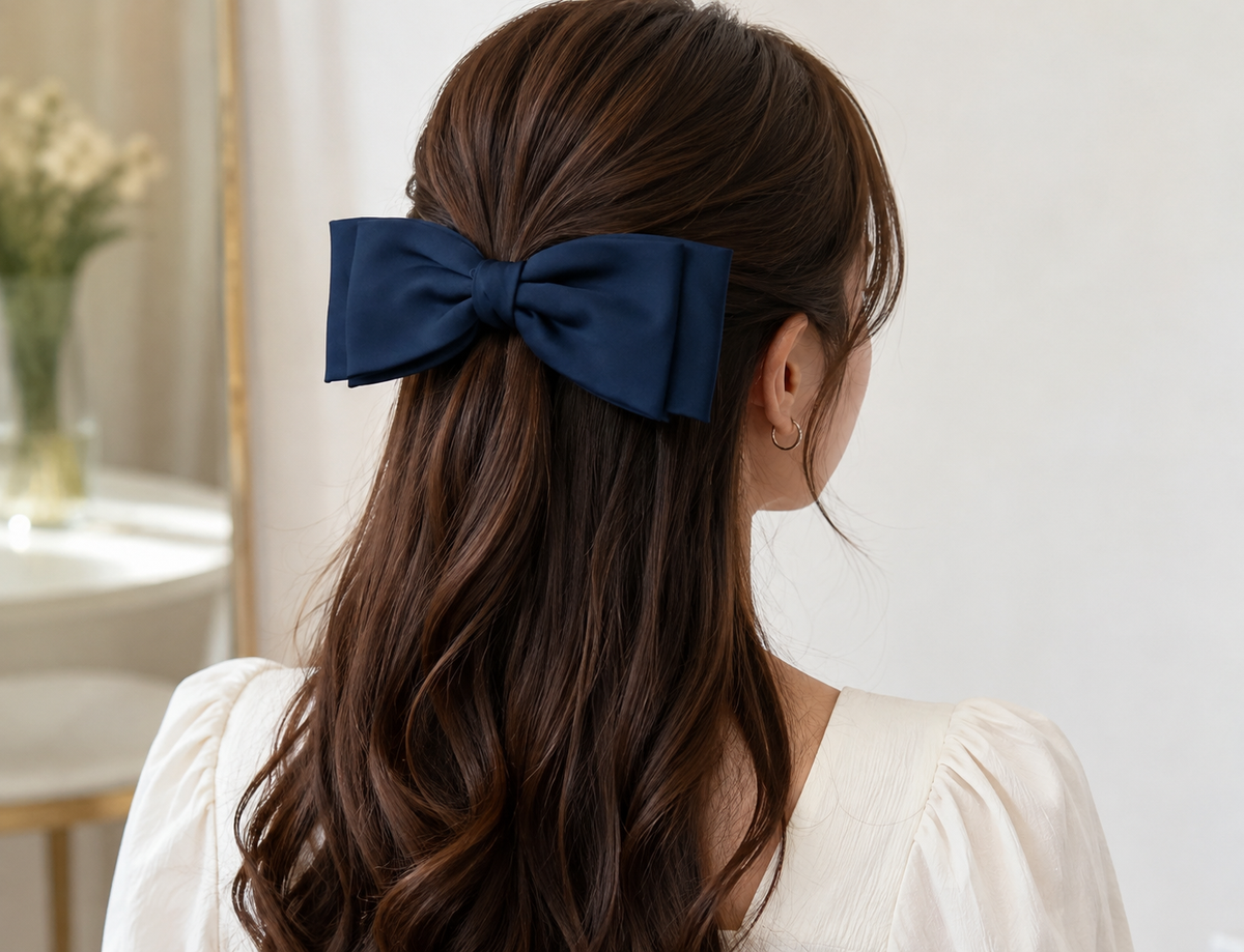 Navy Blue Satin Bow Hair Clip for Women & Girls