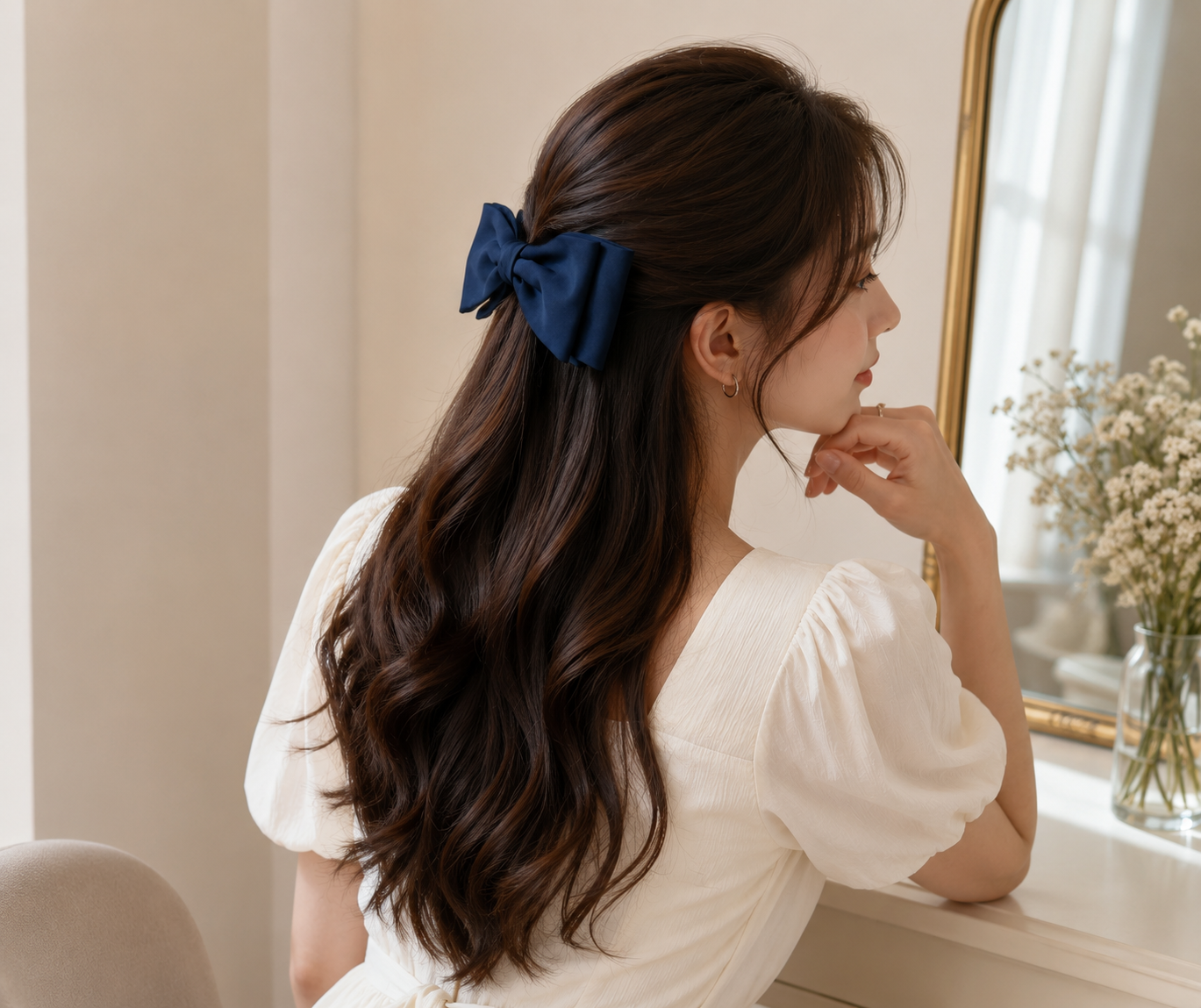 Navy Blue Satin Bow Hair Clip for Women & Girls