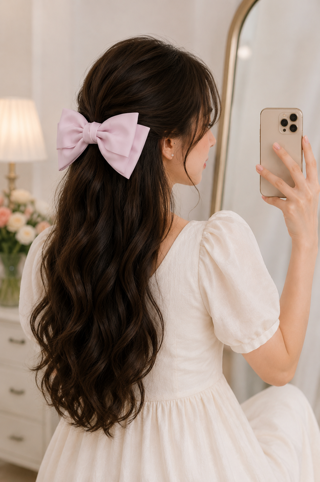 Light Pink Satin Bow Hair Clip for Women & Girls