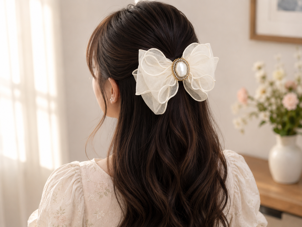 Elegant White Organza Bow Hair Clip with Pearl Embellishment