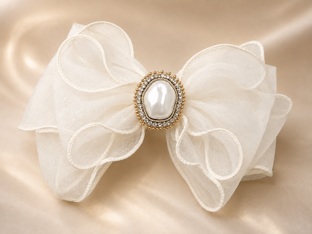 Elegant White Organza Bow Hair Clip with Pearl Embellishment