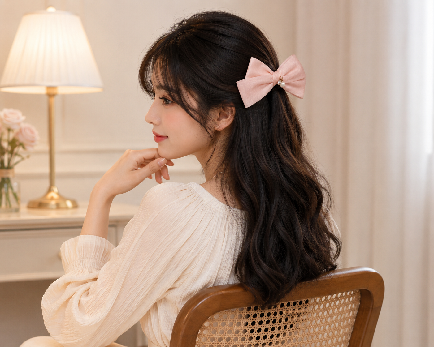 Pink Pearl Crystal Charm Hair Bow