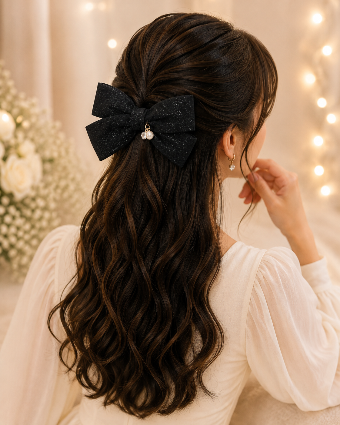 Black Pearl Crystal Charm Hair Bow