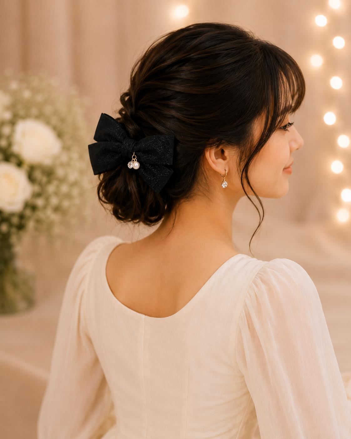Black Pearl Crystal Charm Hair Bow