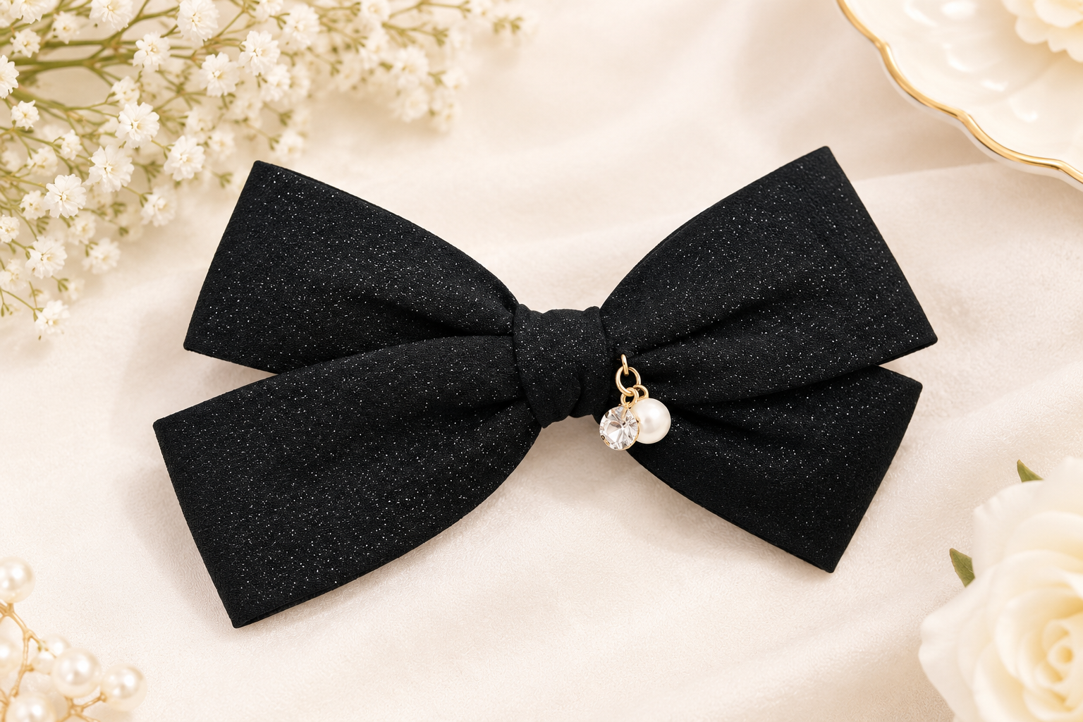 Black Pearl Crystal Charm Hair Bow