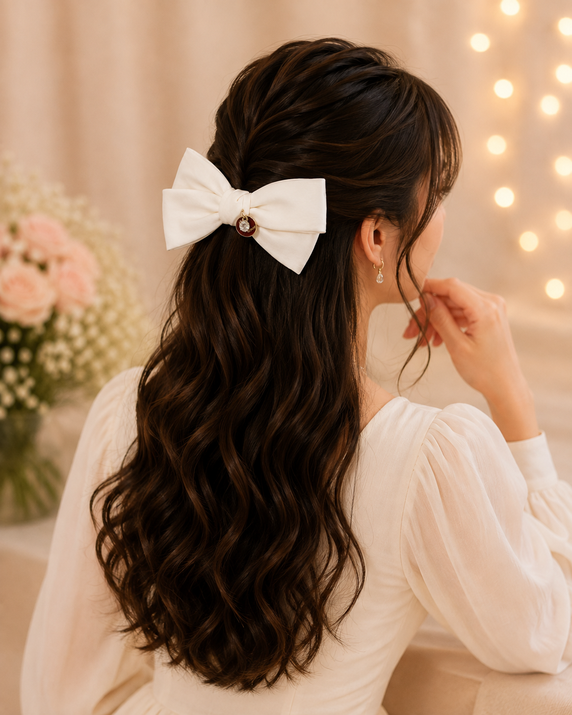 White Crystal Charm Hair Bow