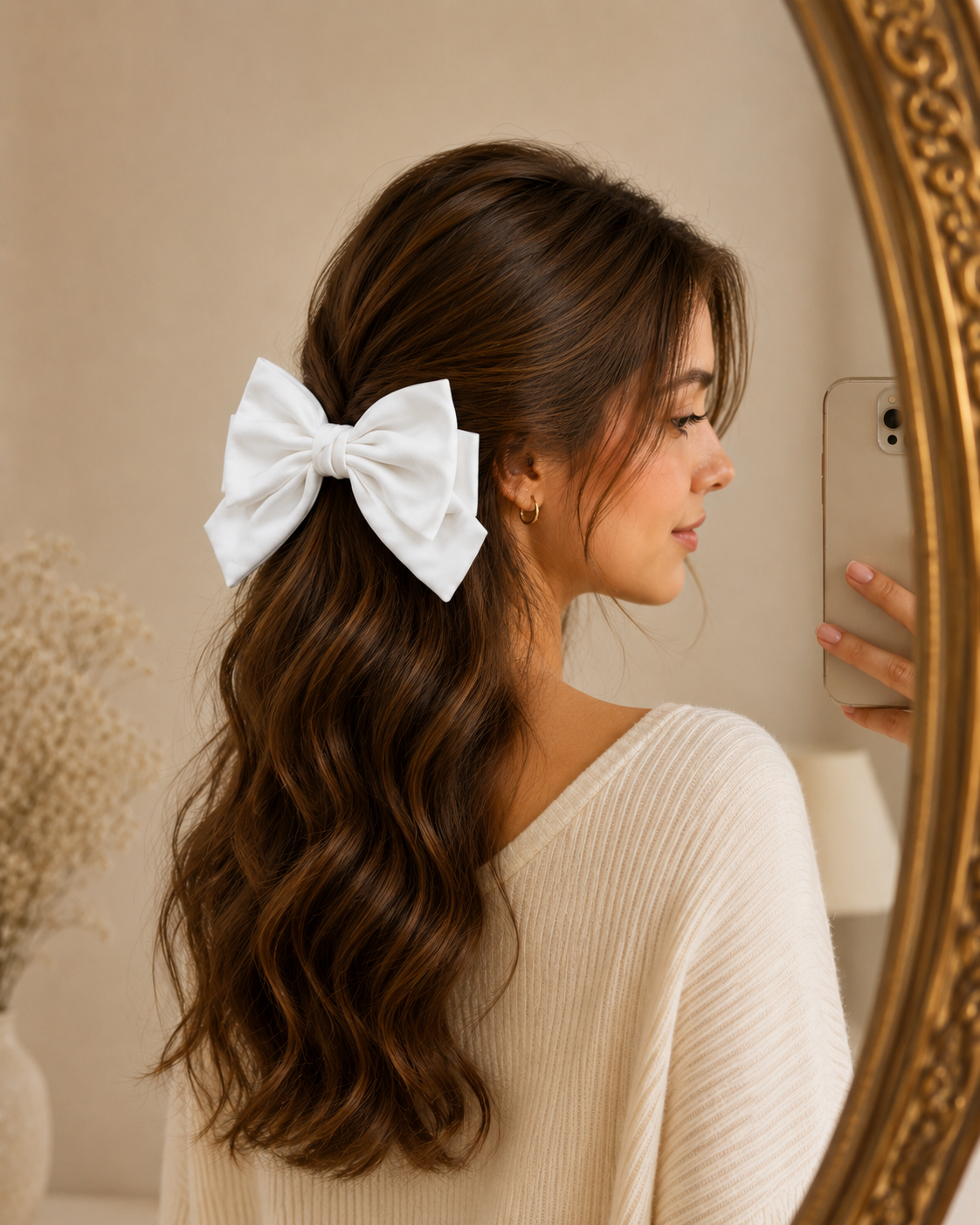 White Satin Layered Bow Hair Clip for Women & Girls