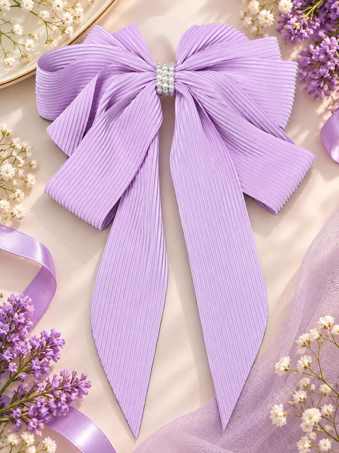 Pleated Lavender Hair Bow