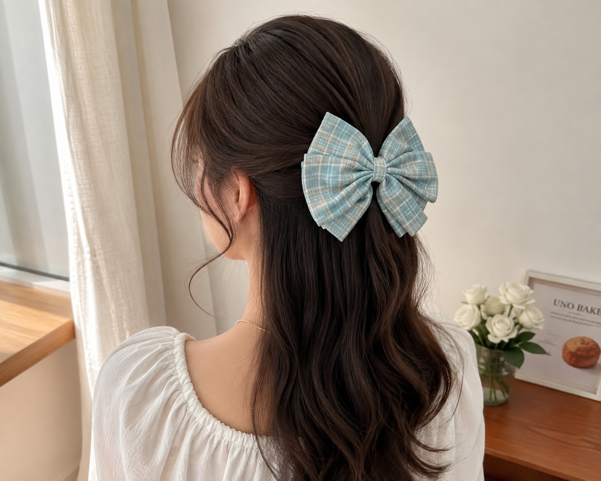 Blue & White Checkered Bow Hair Clip