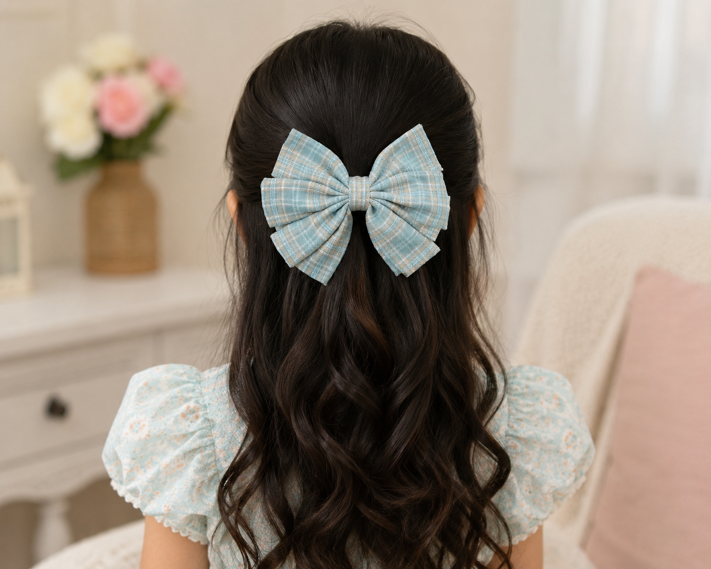 Blue & White Checkered Bow Hair Clip