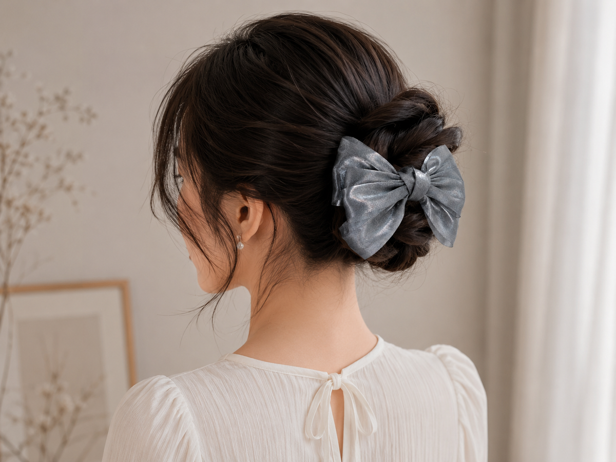 Grey Satin Bow Hair Clip for Women & Girls