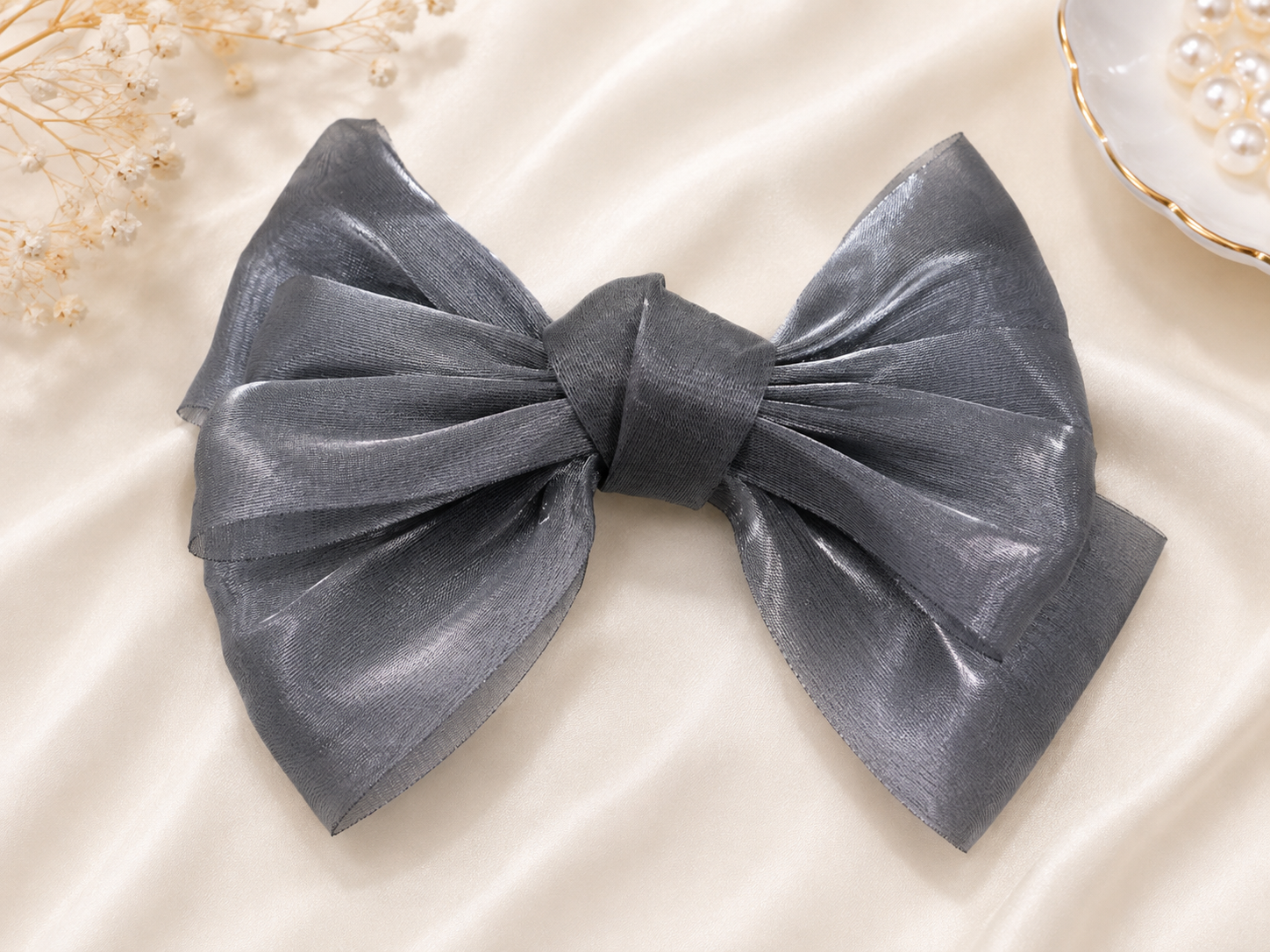 Grey Satin Bow Hair Clip for Women & Girls